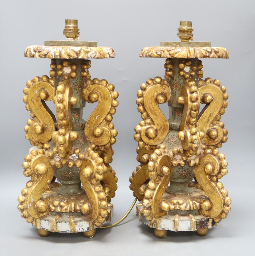 A pair of Italian late 19th / early 20th century giltwood, painted and mirrored table lamps, c.1900, height 40cm